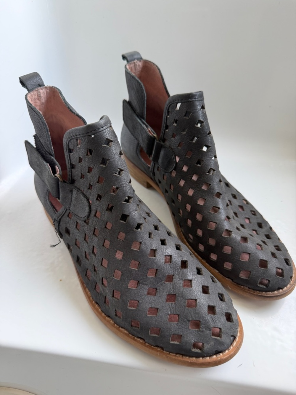 Perforated Dark Grey Leather Ankle Boots with Brown Sole